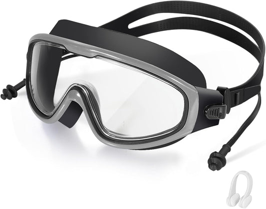 Adult Swimming Goggles,Leak-Proof,Anti-Fog Pool Glasses,Wide View Swim Goggles with Ear Plugs and Nose Clip