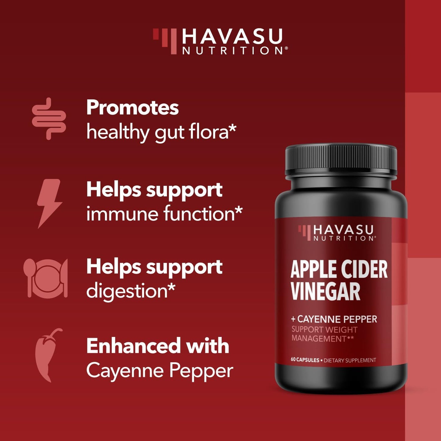 HAVASU NUTRITION Apple Cider Vinegar Capsules with 500mg Apple Cider Vinegar and 20mg Cayenne Pepper - Bloating Relief and Appetite Suppressant; Non-GMO; 60 Capsules for Men and Women