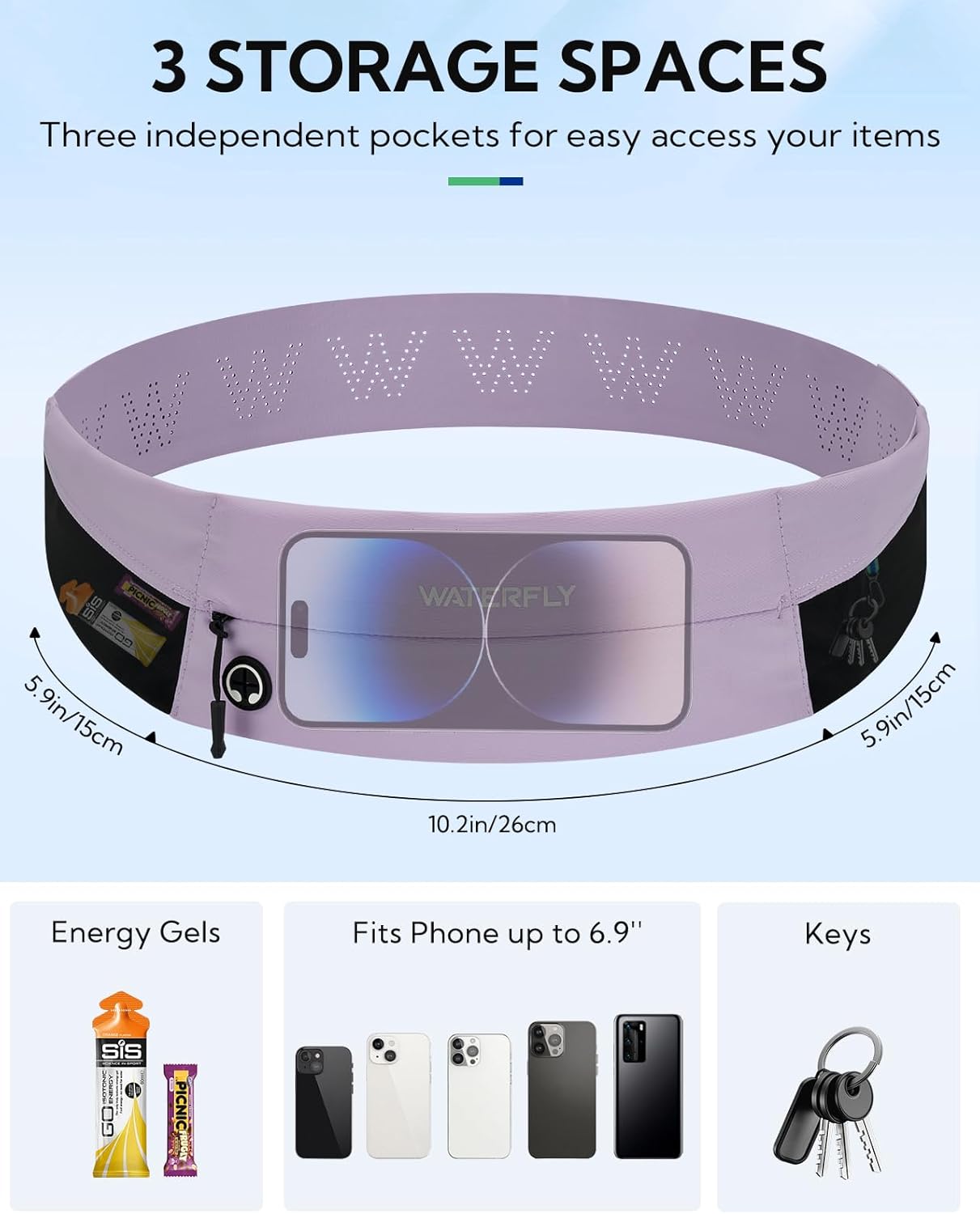 WATERFLY Running Belt Fanny Pack: Slim Waist Bag for Men Women, Workout Fitness Phone Holder for Exercise Marathon Jogging-Purple