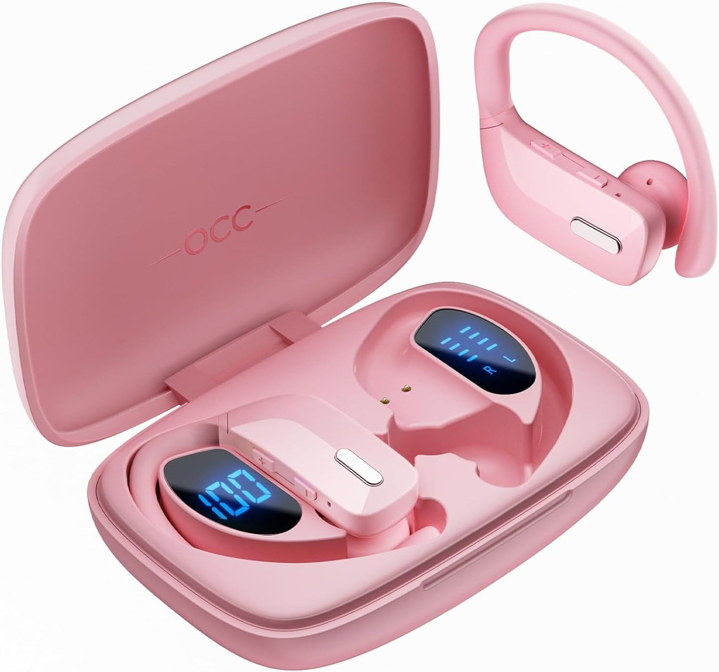 Wireless Sport Earbuds Bluetooth Headphones with Mic 80H Playtime IPX5 Waterproof Ear Buds Deep Bass Earphones Over Ear Headset for Running Gym Workout - Pink