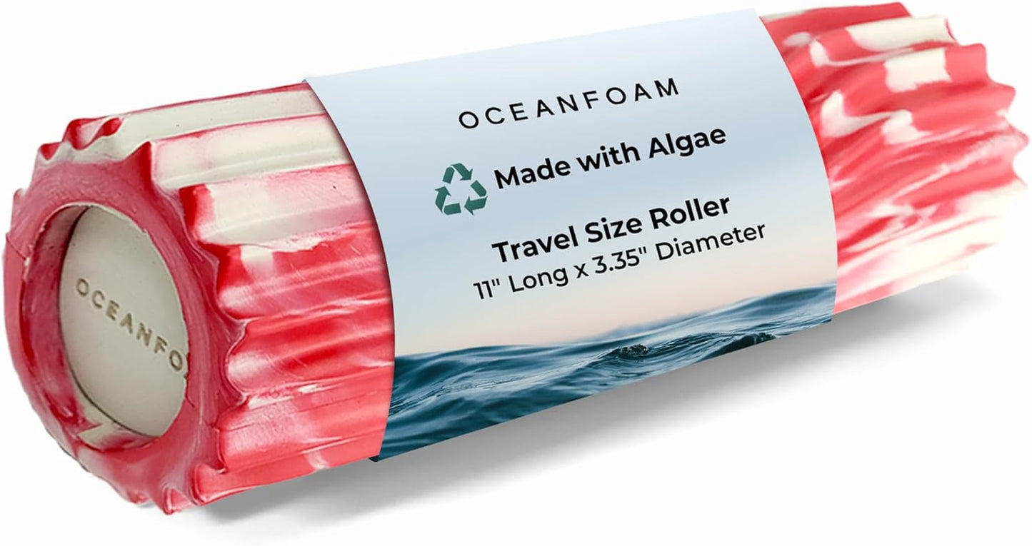 Oceanfoam Ripple Travel Foam Roller (11" x 3.35") Firm Mini Foam Roller for Physical Therapy, Deep Tissue Massage, Back Pain - High Density, Ergonomic Wave Textured - Yoga, Exercise (Red Marbled)