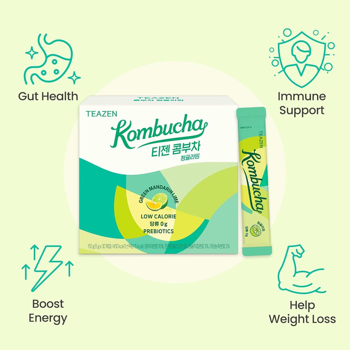 TEAZEN Green Mandarin Lime Kombucha Tea, Hydration Drink Mix, Sugar Free, Live Probiotics & Prebiotics, 30 Sticks, 5.29oz