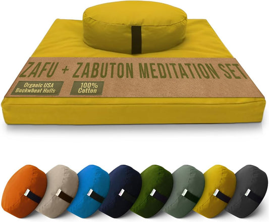 Bean Products Meditation Cushion Mat Set - Zafu Floor Pillow Organic Buckwheat Pillow + Cotton Filled Zabuton Prayer Pad - Meditation Pillow Yoga Knee Pad - Made in USA - 14" Round or 18" Oval