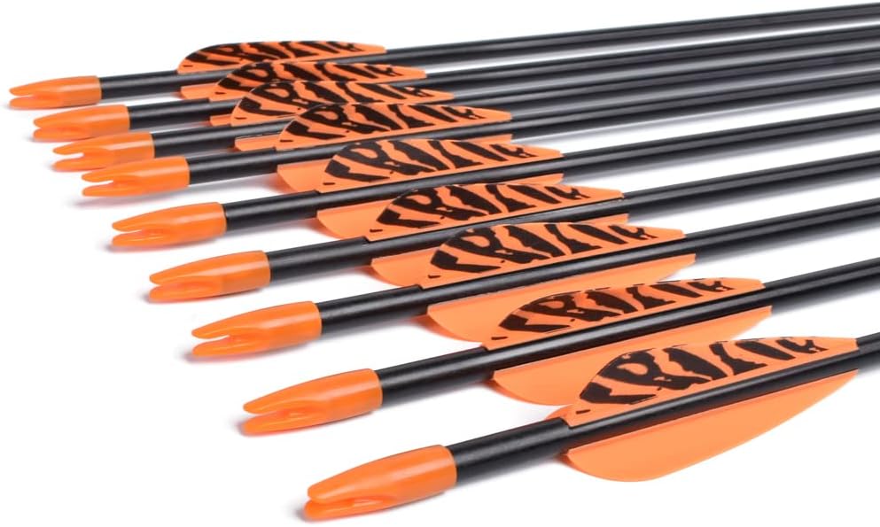 6875 Fiberglass Arrows Archery 24/26/28/30 Inch Target Shooting Safetyglass Recurve Bows Suitable for Youth Children Woman Beginner 6 or 12pcs/Pack (tigerspot Orange Vanes)