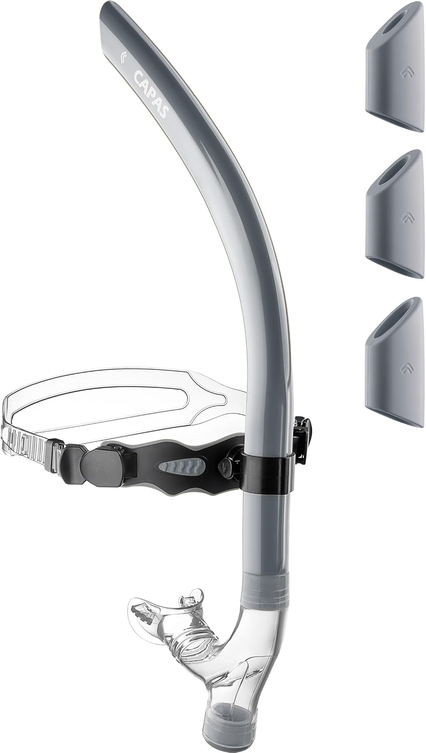 CAPAS Training Swim Snorkel for Lap Swimming, Swivel Headband Ultimate Fit Center-Mount Swimmers Snorkel with Liquid Silicone Mouthpiece Adjustable Strap, Designed for Adult Men Women