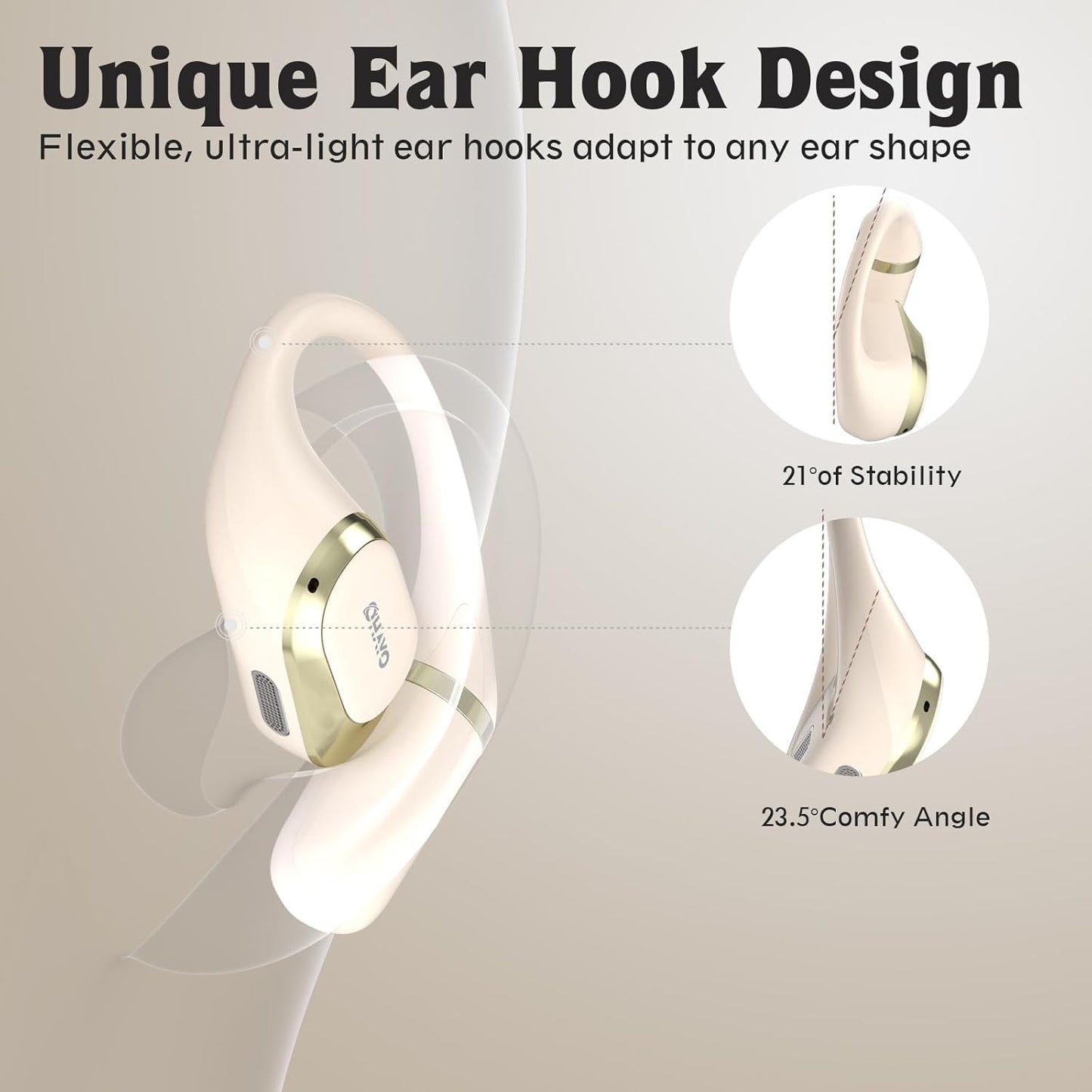 OHAYO Open Ear Headphones,Earbuds with Ergonomic Earhook,Bluetooth Headphones 5.4 with Smart Digital Display,40H Playtime,IPX6 Waterproof,Touch Control Earphones Fit Cycling,Running,Workout(Beige)