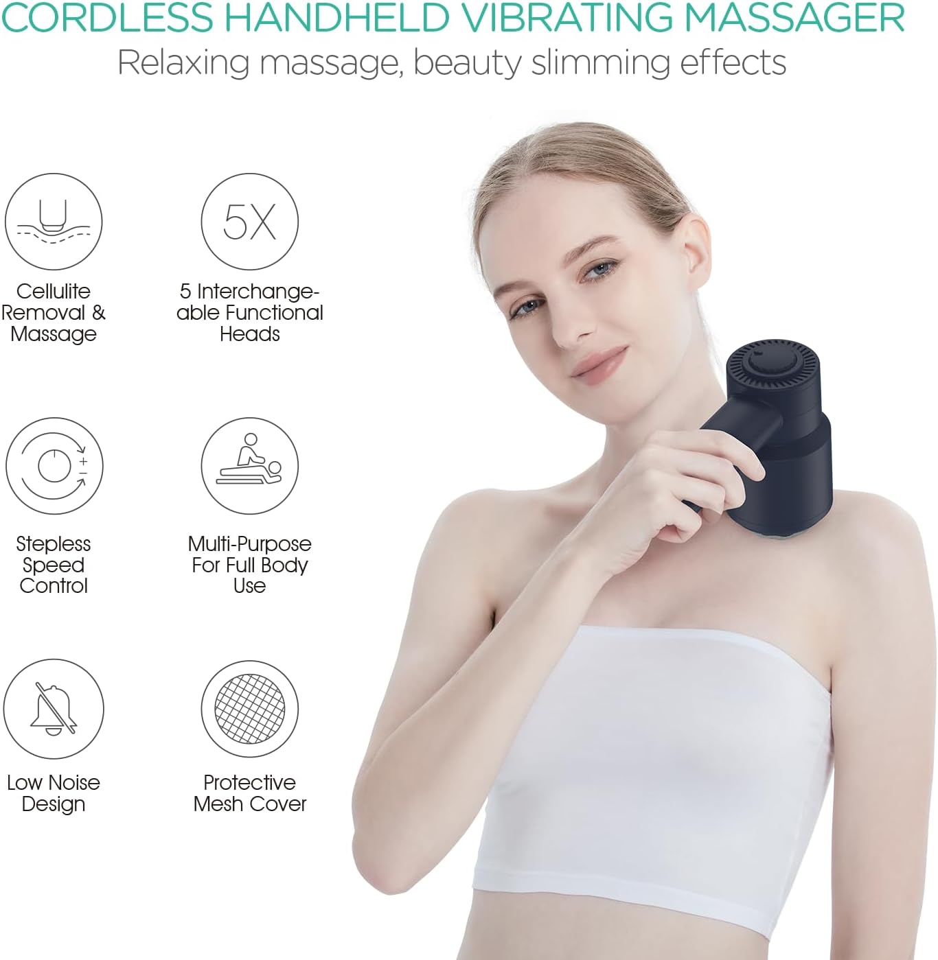 VOYOR-HEALTH Handheld Cellulite Massager, Electric Cellulite Remover Body Sculpting Massage with 5 Replaceable Heads for Arm,Thigh,Calves, Cordless & Rechargeable Deep Tissue Massager CM410 (Blue)