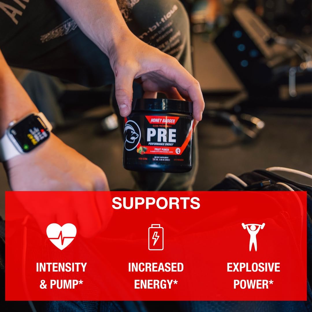 Honey Badger Pre Workout Powder, Keto Vegan Preworkout for Men & Women, Beta Alanine & Caffeine, Sugar Free Natural Energy Supplement, Fruit Punch (High-Stim)