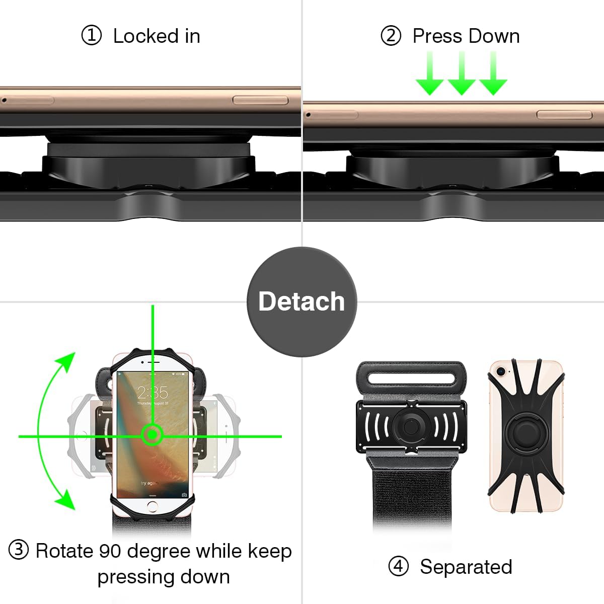 VUP Detachable Cell Phone Running Armband 360°Rotatable for iPhone 16/15/14/13/Pro Max/Pro/Mini/12/11, Fits All 4-6.9 Inch Smartphones, with Key Holder,Phone Holder for Running Hiking Biking (Black)