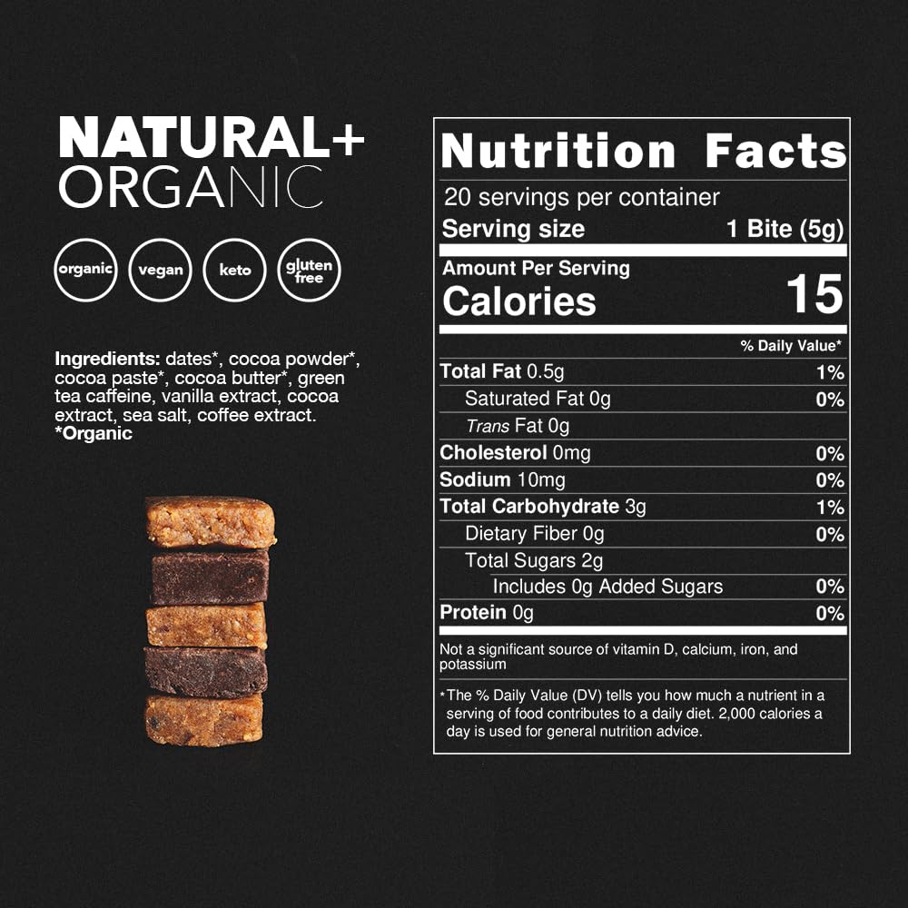 CAFF All Natural Energy Bites - Caffeinated Chocolate for Energy Boost - No Added Sugar - 65mg Caffeine Chocolate Bars – 15 Calorie Organic Caffeine Snacks - Vegan, Gluten-Free, Keto (20 Bites)