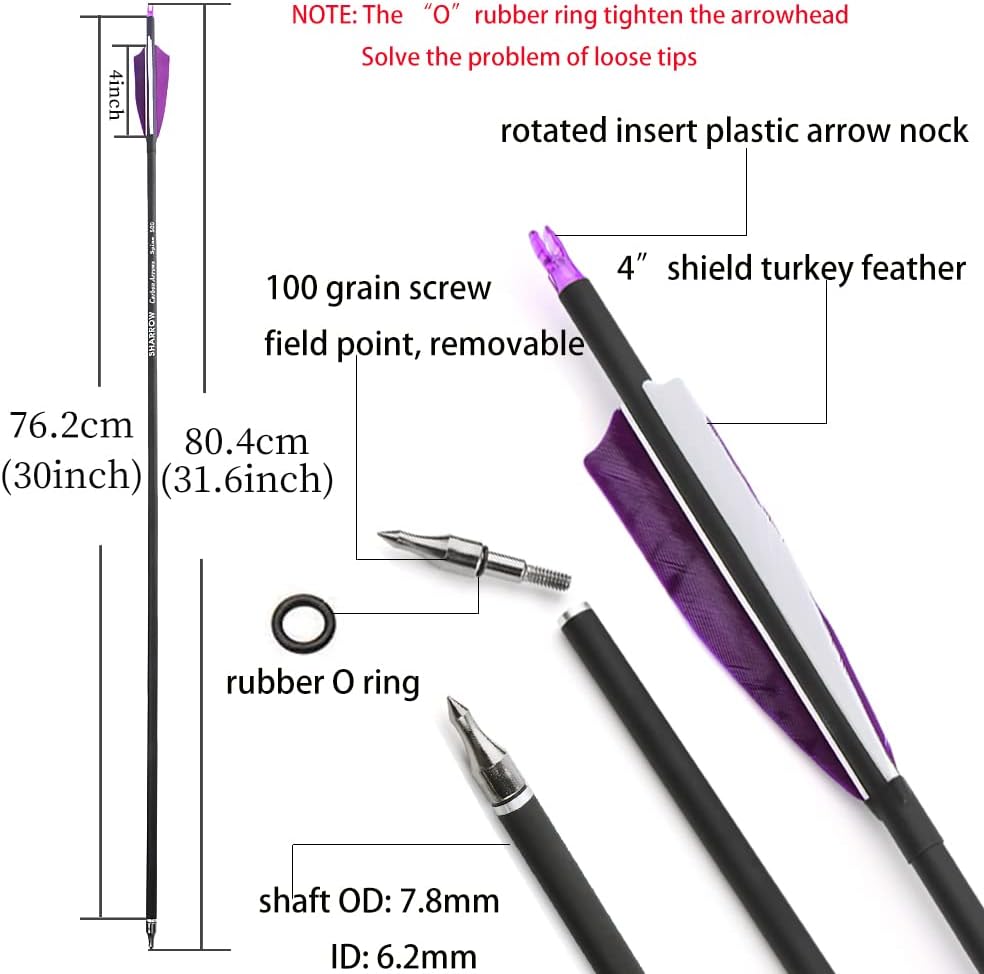 ZSHJGJR 30 Inch Archery Carbon Arrows Hunting Arrows with 4” Turkey Feather Target Practice Arrows Spine 500 for Compound & Recurve &Traditional Bow 6/12pcs