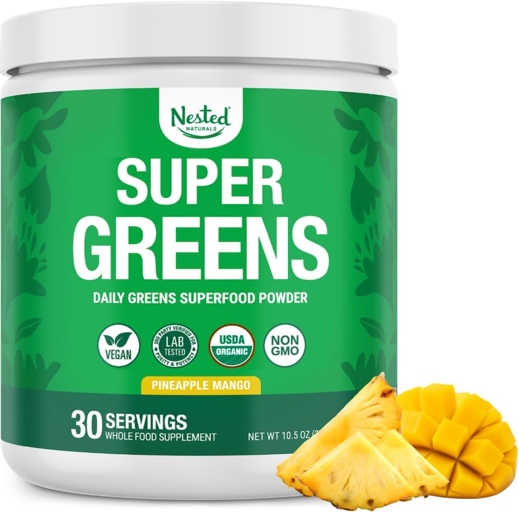 Super Greens Daily Greens Superfood Powder - Certified USDA Organic Green Powder w/20+ Whole Foods, Spirulina, Wheat & Barley Grass - Probiotics, Fiber & Enzymes - Pineapple Mango, 30 Servings