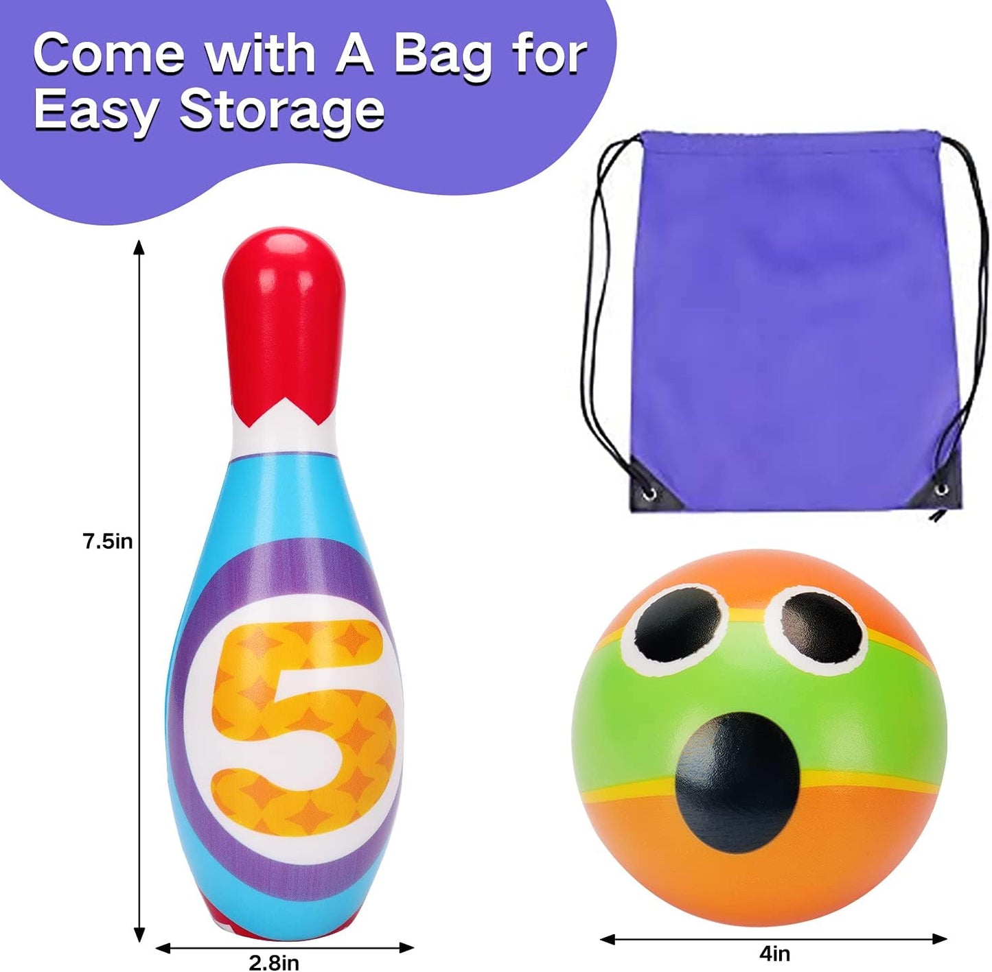 Kids Bowling Set Indoor Bowling for Toddler 1-3 3-5 Soft 10 Indoor Colorful Foam Pins 2 Bowling Ball Printed Number Developmental Sensory Toy Age 2-4 Toddler Bowling Birthday Gift Present Gift