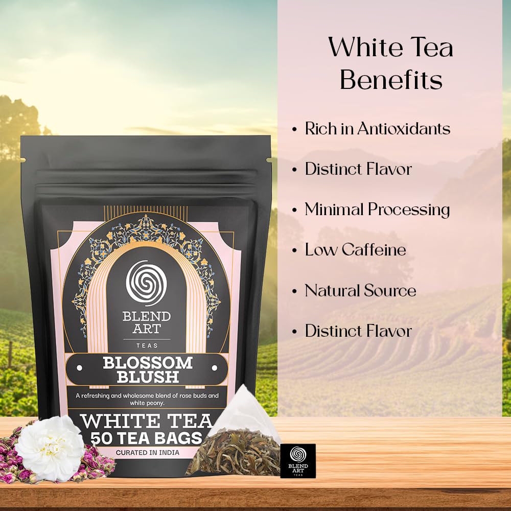Blendart Blossom Blush Rose White Tea Bags Delicate Caffeinated Tea Made from Fresh Leaves. Natural Premium White Tea Bags -50 Pyramid Tea Bags