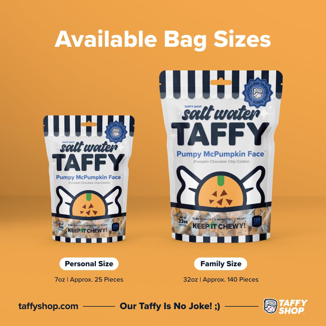 Taffy Shop Pumpy McPumpkin Face, Pumpkin Chocolate Chip Cookie Salt Water Taffy Gourmet Soft Chewy Candy, Bulk Sweet Snack, Fresh Gift & Gluten-Free, 140 Individually Wrapped Pieces (32oz)