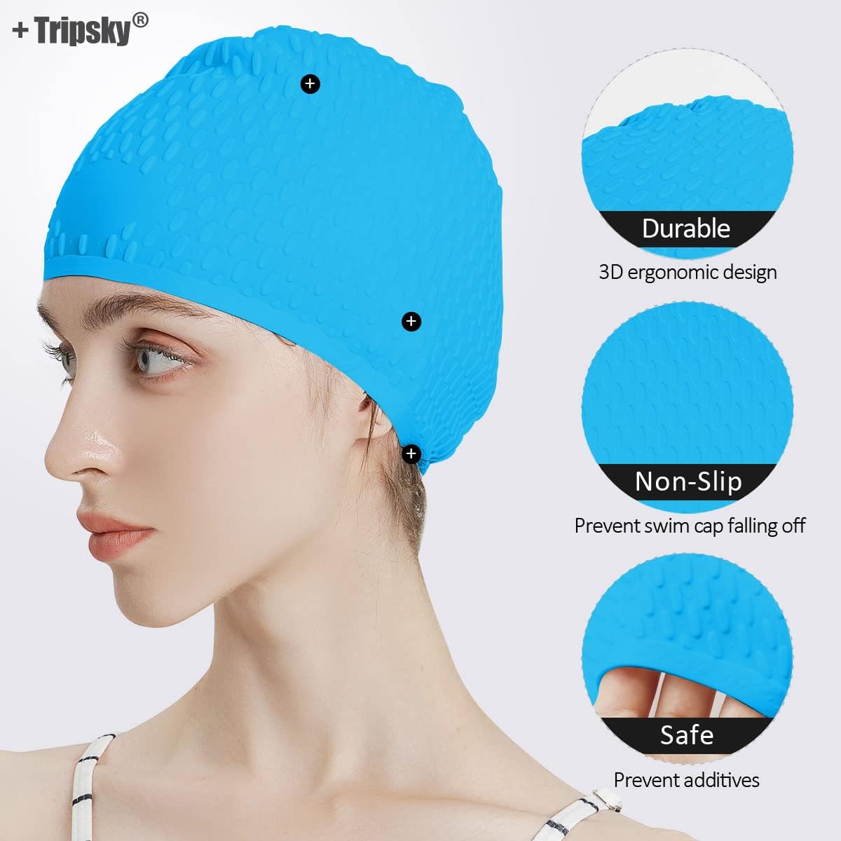 Tripsky Silicone Swim Cap,Comfortable Bathing Cap Ideal for Curly Short Medium Long Hair, Swimming Cap for Women and Men, Shower Caps Keep Hairstyle Unchanged…