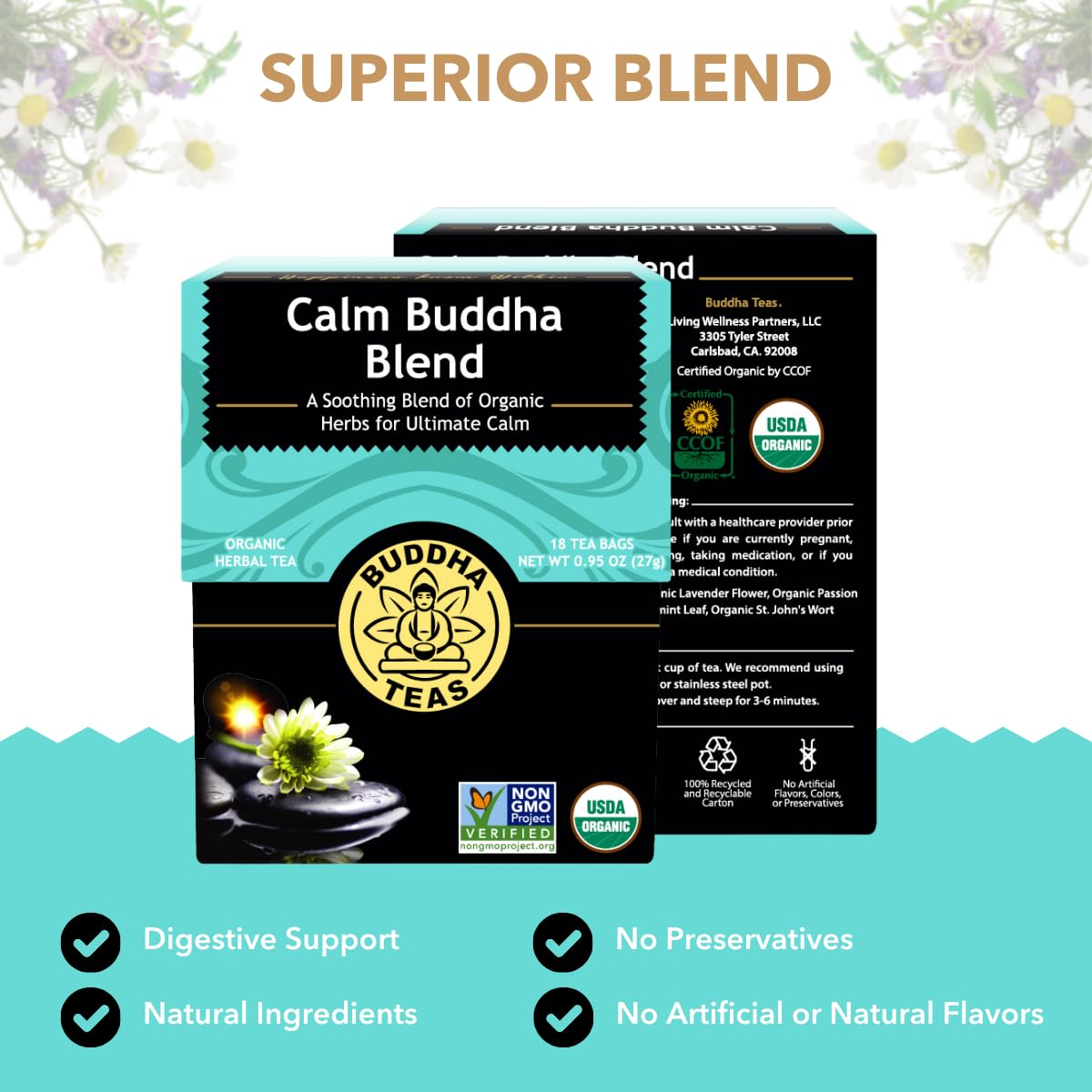 Buddha Teas - Calm Buddha Blend - Organic Herbal Tea - For Health & Wellbeing - Blend of Organic Herbs - Clean Ingredients - Caffeine Free - OU Kosher & Organic - Non-GMO - 18 Bleach-Free Tea Bags