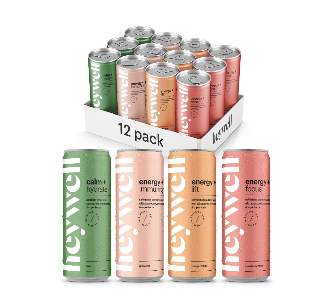 Heywell Sparkling Adaptogenic Water, Variety Pack 12 Fluid Ounce (Pack of 12) Includes - Lime, Grapefruit, Orange Mango, Strawberry Lemon - Calm Drink, Sparkling Drink