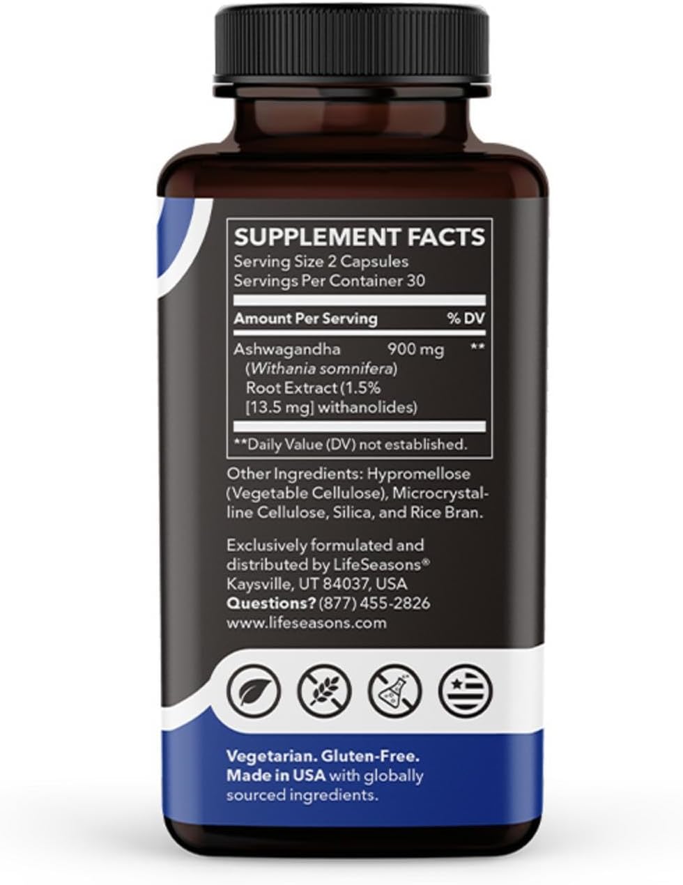LifeSeasons Essentials Ashwagandha - Stress & Sleep Support Supplement - Calm & Focused Mind - Improves Athletic Performance & Brain Function - 900mg per 2 Capsules - 60 Capsules