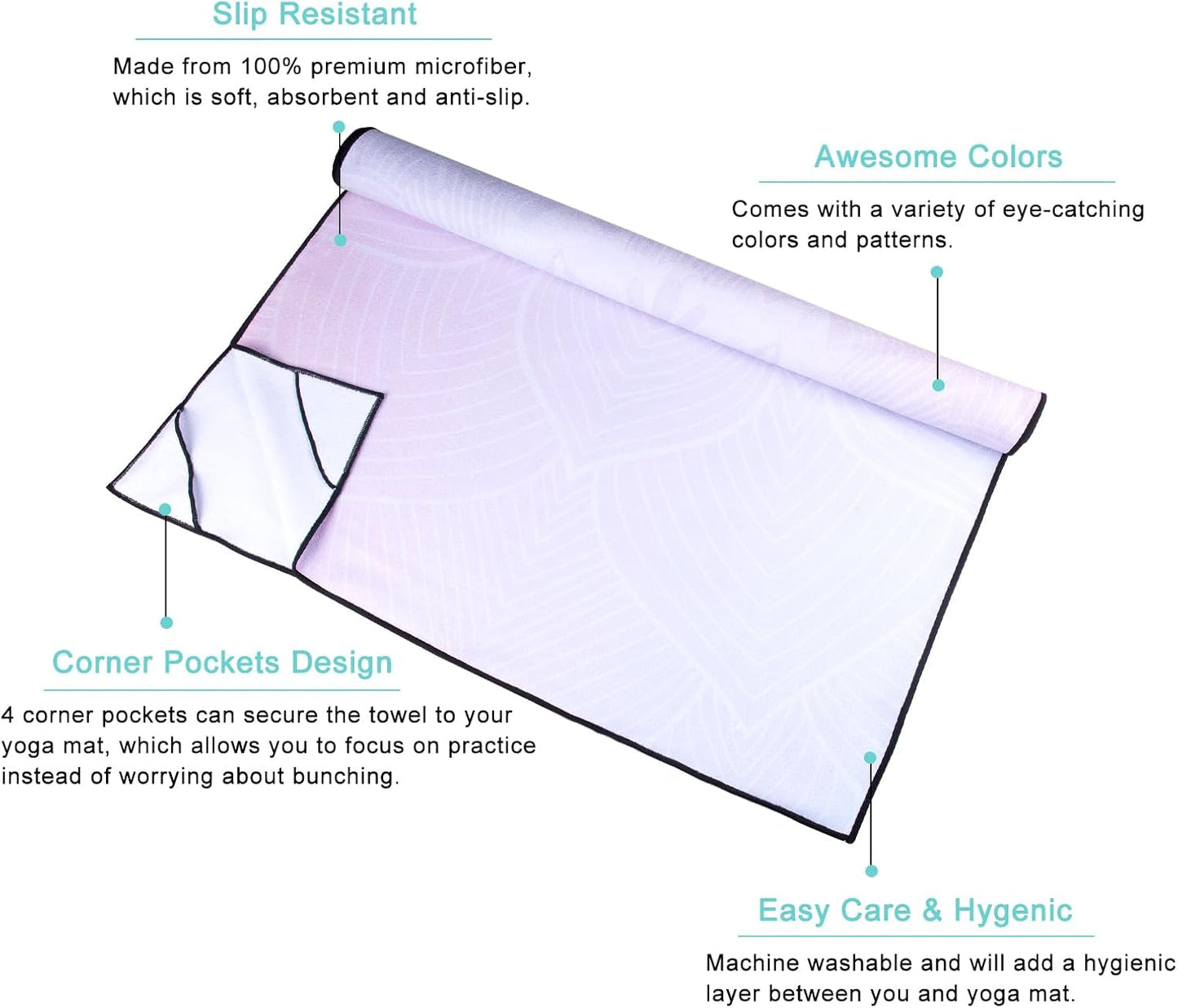 QiyI Yoga Mat Towel with Corner Pockets, Non Slip Sweat Absorbent Hot Yoga Towels, Soft Yoga Blankets with Travel Bag, Skidless Mat Cover for Workout, Gym, Fitness - 70"x26", Purple Mandala