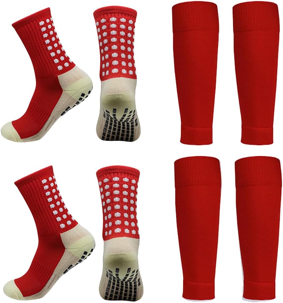 2 Set Anti-Slip Grip Soccer Socks with Shin Guard Sleeves, Sports Athletic Socks for Men Women
