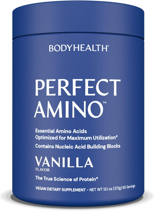 BodyHealth PerfectAmino Powder - BCAA and EAA Powder for Pre and Post Workout - Amino Acid Energy Drink for Men and Women to Support Lean Muscle and Recovery - Vanilla - 60 Servings
