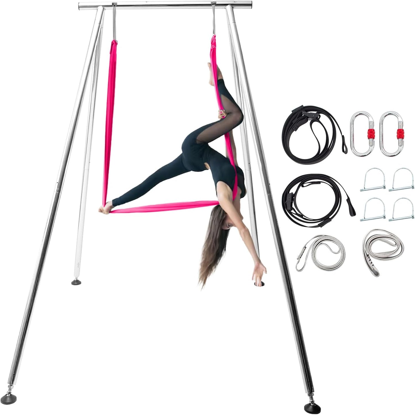 TECSPEC 9.6 FT/115.3 Inch Adjustable Height Aerial Yoga Frame & Hammock, Professional Swing Stand with 18 FT/33FT Aerial Silk, 550lbs Max Capacity