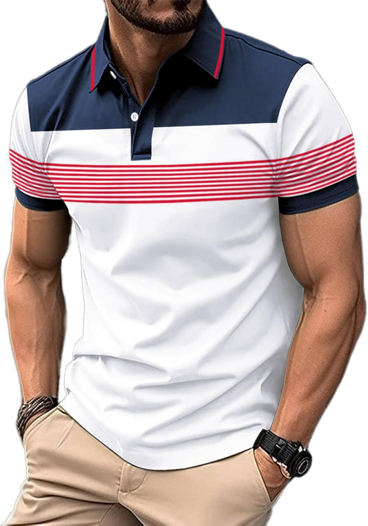 Men's Casual Polo Shirts Short Sleeve Fashion Golf Shirt Classic Striped Slim Fit T-Shirts