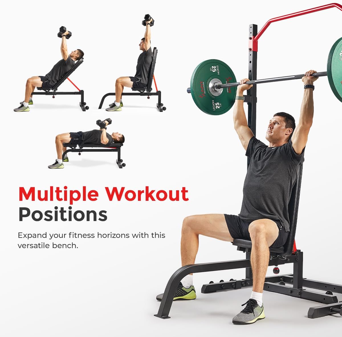 Sunny Health & Fitness Multifunctional Strength Training Home Gym – Complete Workout Equipment with Training Attachments, Optional Squat Stand, Power Rack Cage, Adjustable Incline Bench