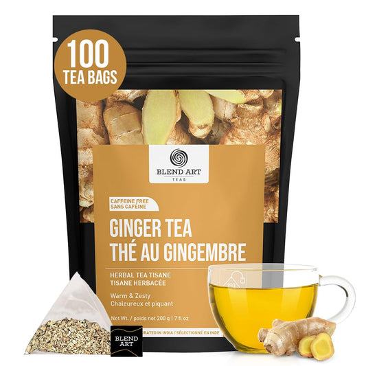 Blendart Ginger Tea Bags, 100 Teabags, 2g/bag - 100% Pure Ginger Root Tea Bag - Warm & Spicy Caffeine Free Ayurvedic Herbal Tea - Support Digestion & Boost Immunity Pyramid Teabags