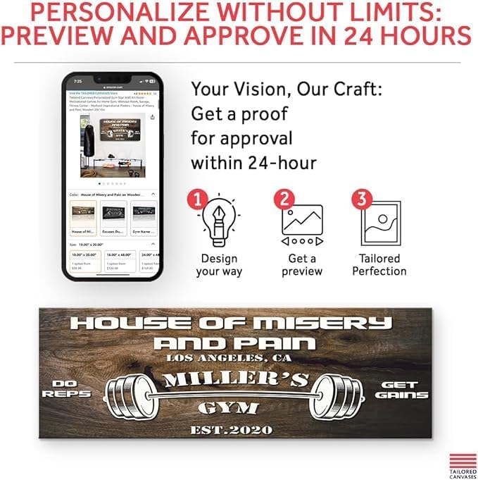 Tailored Canvases Personalized Gym Sign Wall Art Decor - Motivational Canvas for Home Gym, Workout Room, Garage, Fitness Center - Workout Inspirational Posters - House of Misery and Pain, Wooden 48x16in