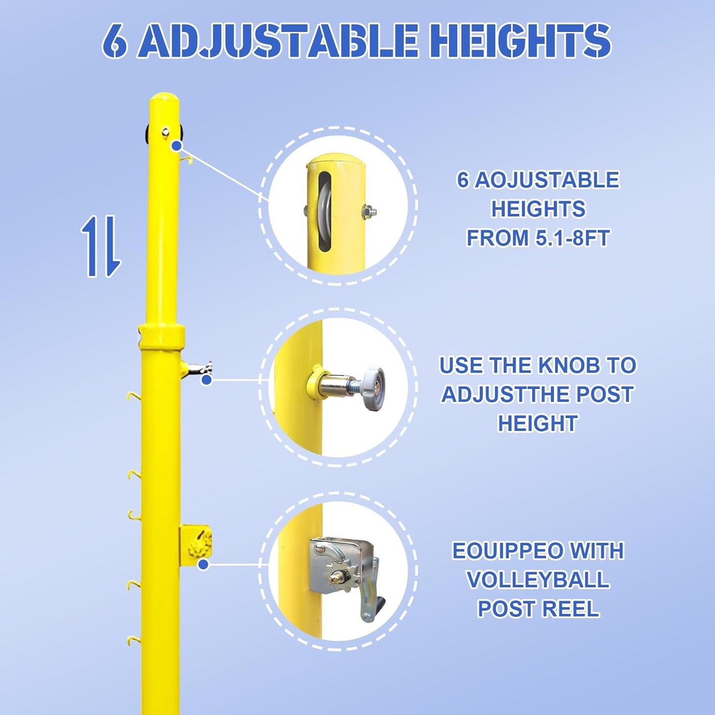 Volleyball Net with Poles，Volleyball Poles for Backyard, 6 Adjustable Heights Volleyball Set 8ft Professional Standard Height Stand, for Backyard Outdoor