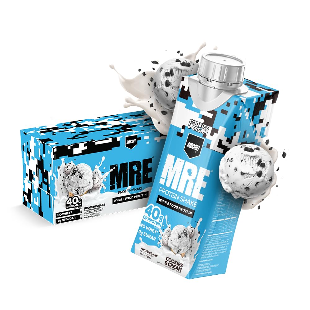 REDCON1 MRE Ready to Drink Protein Shakes, Cookies & Cream - Lactose + Whey Free RTD Protein Made with Real Whole Food Protein Blends - Keto-Friendly and Easy to Digest Nutritional Shake (12 Pack)