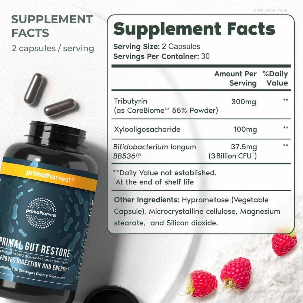 Primal Harvest 2 Pack, Restore for Gut Health, Primal Gut Restore w/POSTbiotics, PREbiotics and PRObiotics for Women and Men, 60 CT - Digestion, Colon Cleanse, Helps Leaky Gut Repair