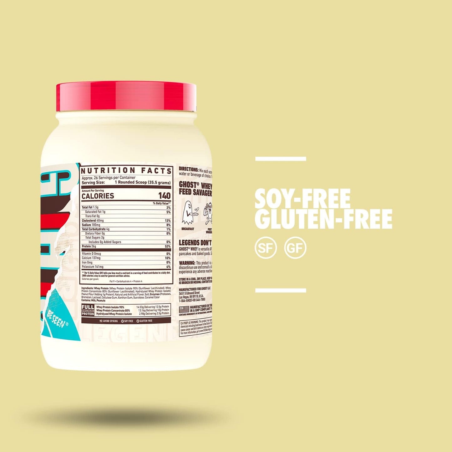 GHOST Whey Protein Powder, Peanut Butter Cereal Milk - 2LB, 26G of Protein - Whey Protein Blend - ­Post Workout Fitness & Nutrition Shakes, Smoothies, Baking & Cooking - Soy & Gluten-Free