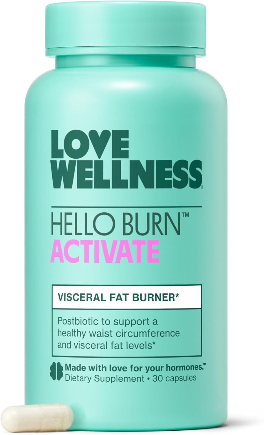Love Wellness Hello Burn Activate | Support Visceral Fat Burn with HT BPL1 Postbiotic | Supports Healthy Waist Circumference, Longevity and Metabolic Wellness | 30 Count