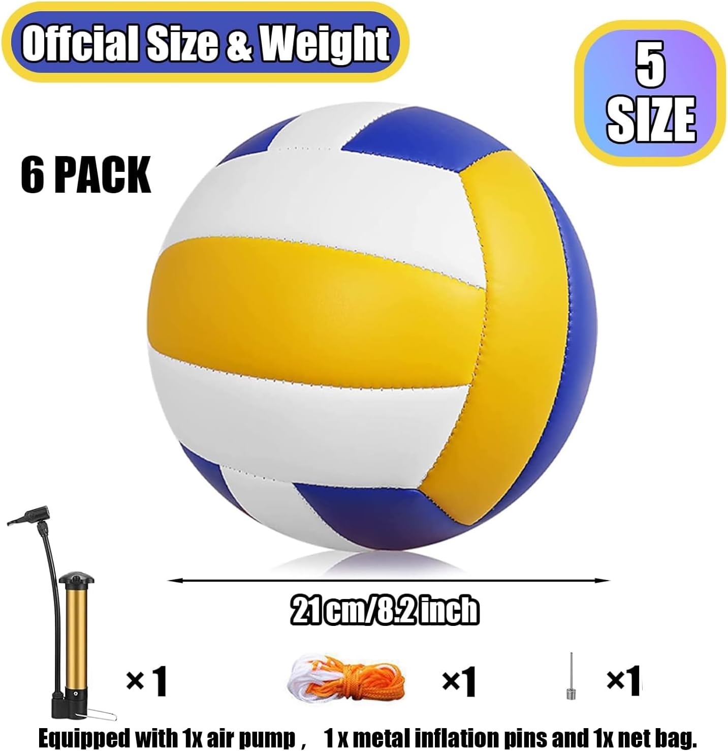 Magicorange Volleyball, 6 Pack Official Size 5 Volleyballs- PU Leather Indoor Outdoor Soft Touch Recreational Volleyballs for Beach Play, Game,Gym,Training -Includes Ball Pump