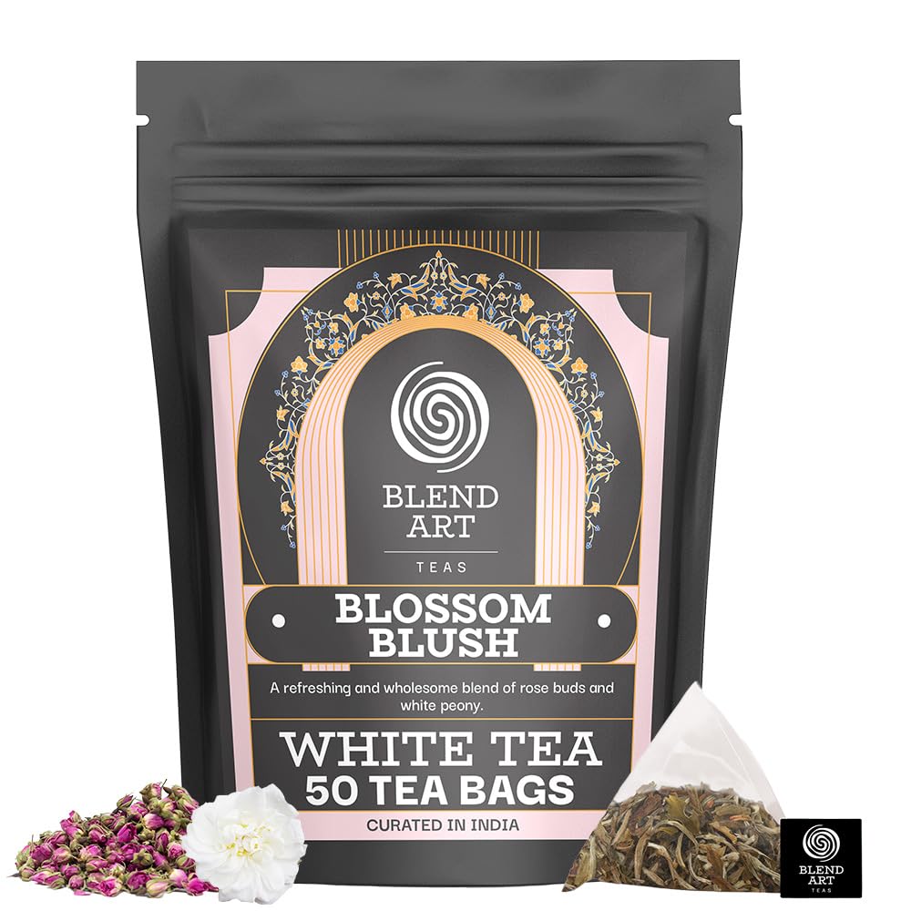 Blendart Blossom Blush Rose White Tea Bags Delicate Caffeinated Tea Made from Fresh Leaves. Natural Premium White Tea Bags -50 Pyramid Tea Bags
