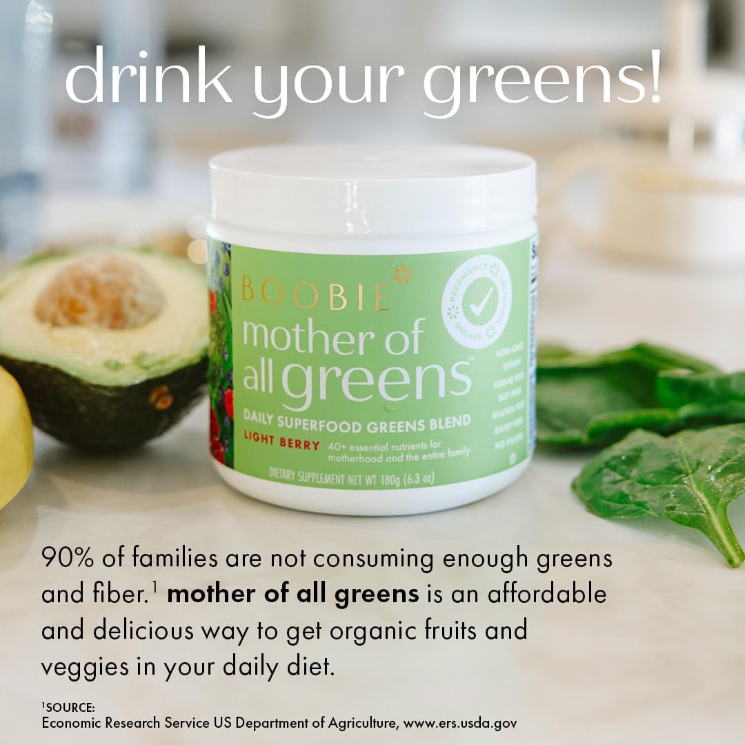 Boobie Mother of All Greens | Your New Family Ritual, Daily Super Greens Powder with 35+ Essential Nutrients for Moms & Families | Vegan, Gluten Free, & Sugar Free | Light Berry Flavor, 30 svgs