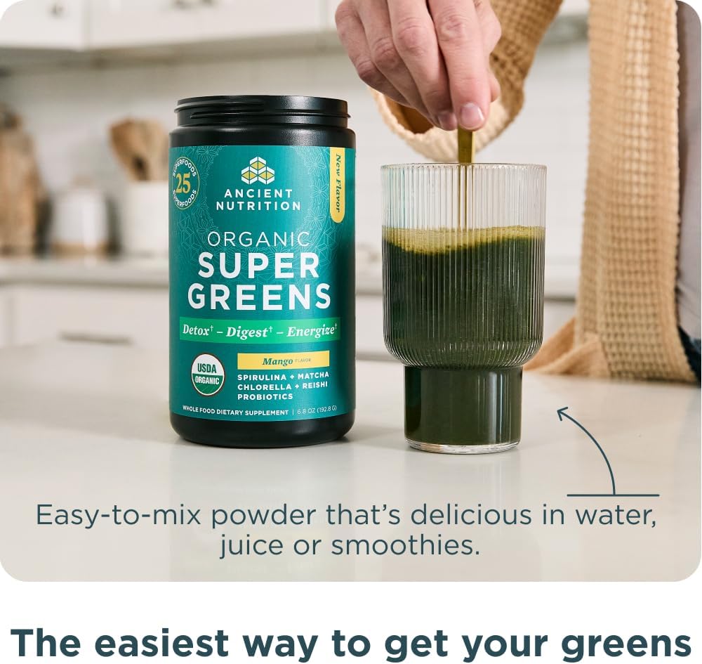 Ancient Nutrition SuperGreens Powder with Probiotics, Organic Mango Flavor Greens, Made from Real Fruits, Vegetables and Herbs, Digestive and Energy Support, 25 Servings, 6.8oz