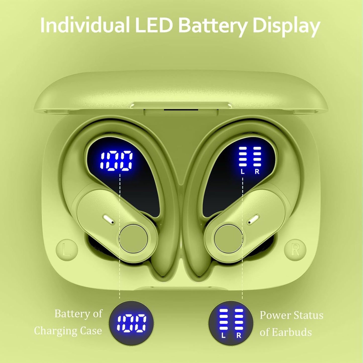 GOLREX Active Noise Cancelling Ear Buds Wireless Earbuds Bluetooth Headphones with 80H Playtime LED Display Wireless Charging Case, Over-Ear Hooks Earbud for Sports Running Gym Workout Yellow Green