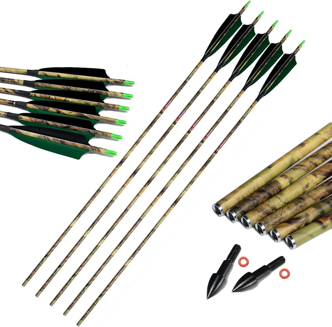 Archery 30" 32" 400 500 Spine Carbon Hunting Arrows Turkey Feather for Compound Recurve Bow Longbow Practice Target Camo Arrow Pack of 12PCS