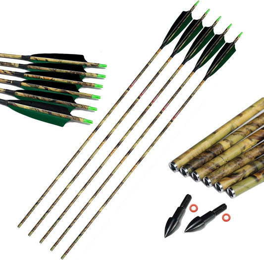 Archery 30" 32" 400 500 Spine Carbon Hunting Arrows Turkey Feather for Compound Recurve Bow Longbow Practice Target Camo Arrow Pack of 12PCS