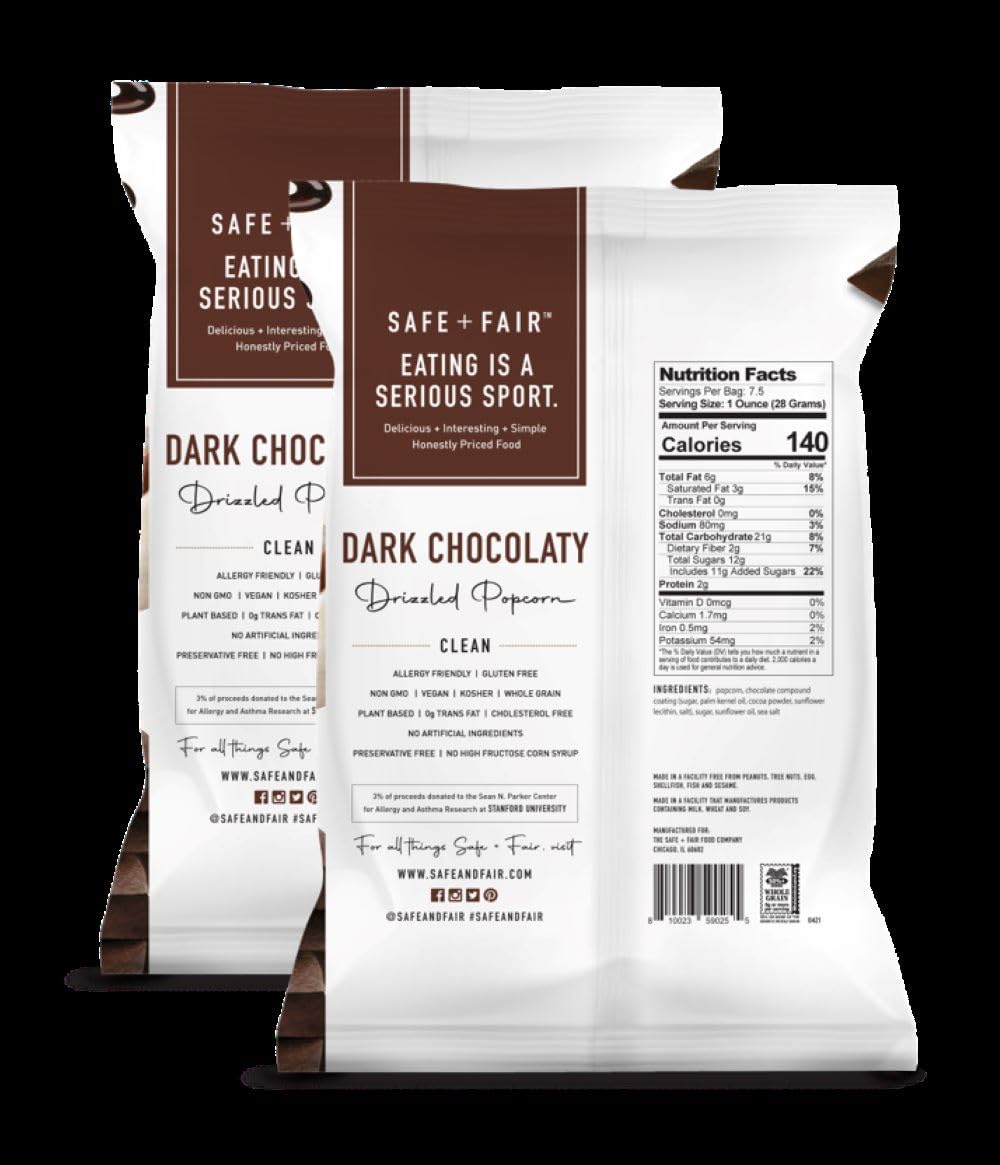 Safe + Fair Kettle Popped Gourmet Popcorn, Vegan Dark Chocolaty Drizzle, Free From Top 9 Allergens and Artificial Ingredients, 5.5 oz