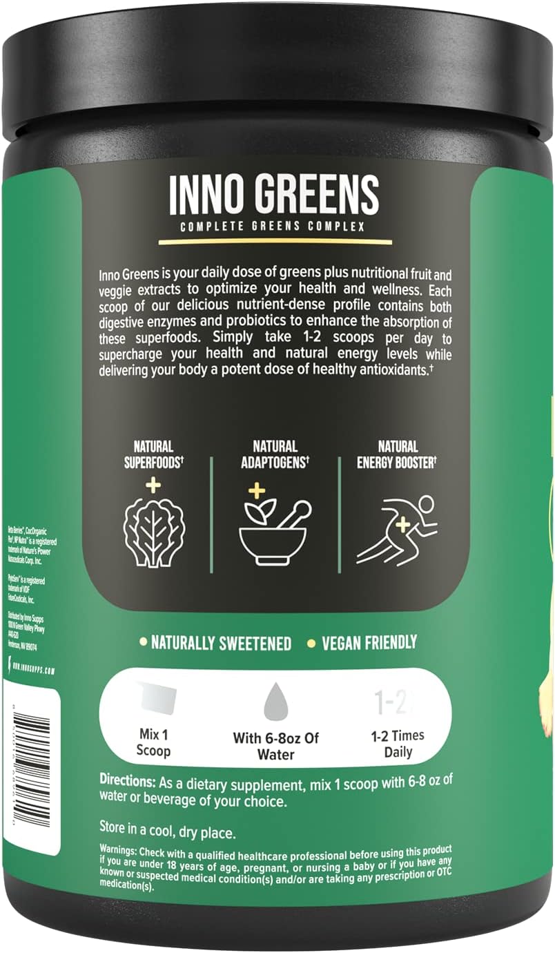 Inno Greens | 28+ Organic Greens & Superfoods | Advanced Prebiotics + Probiotics | Super Antioxidant + Hydration | Spirulina, Chlorella, Ashwagandha | Natural, Non-GMO | 30 Servings (Paradise Punch)