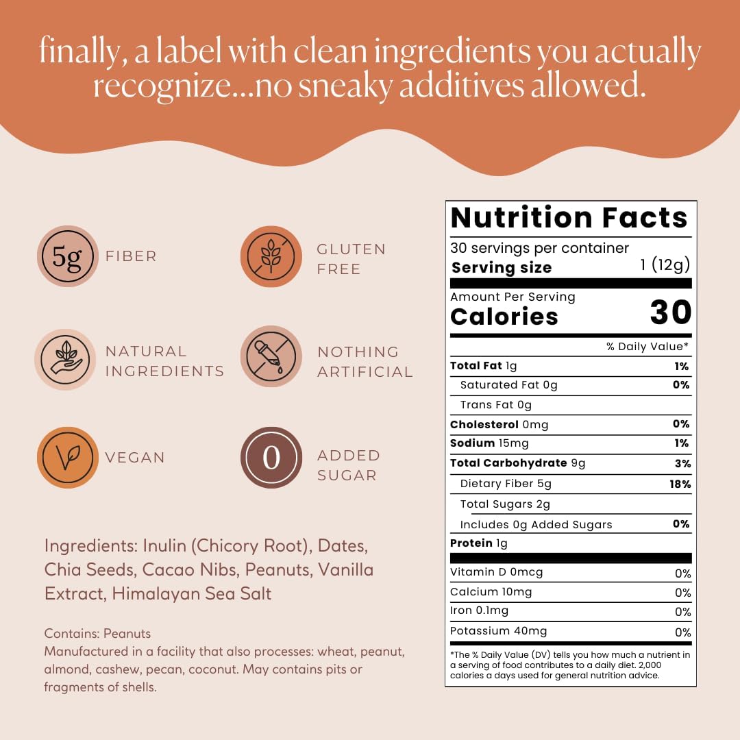 Fiber Supplement - 5g Daily Fiber Bite - Supports Regularity, Digestion and Gut Health - All Natural Ingredients, Peanut Butter Cacao Flavor, 30 Servings