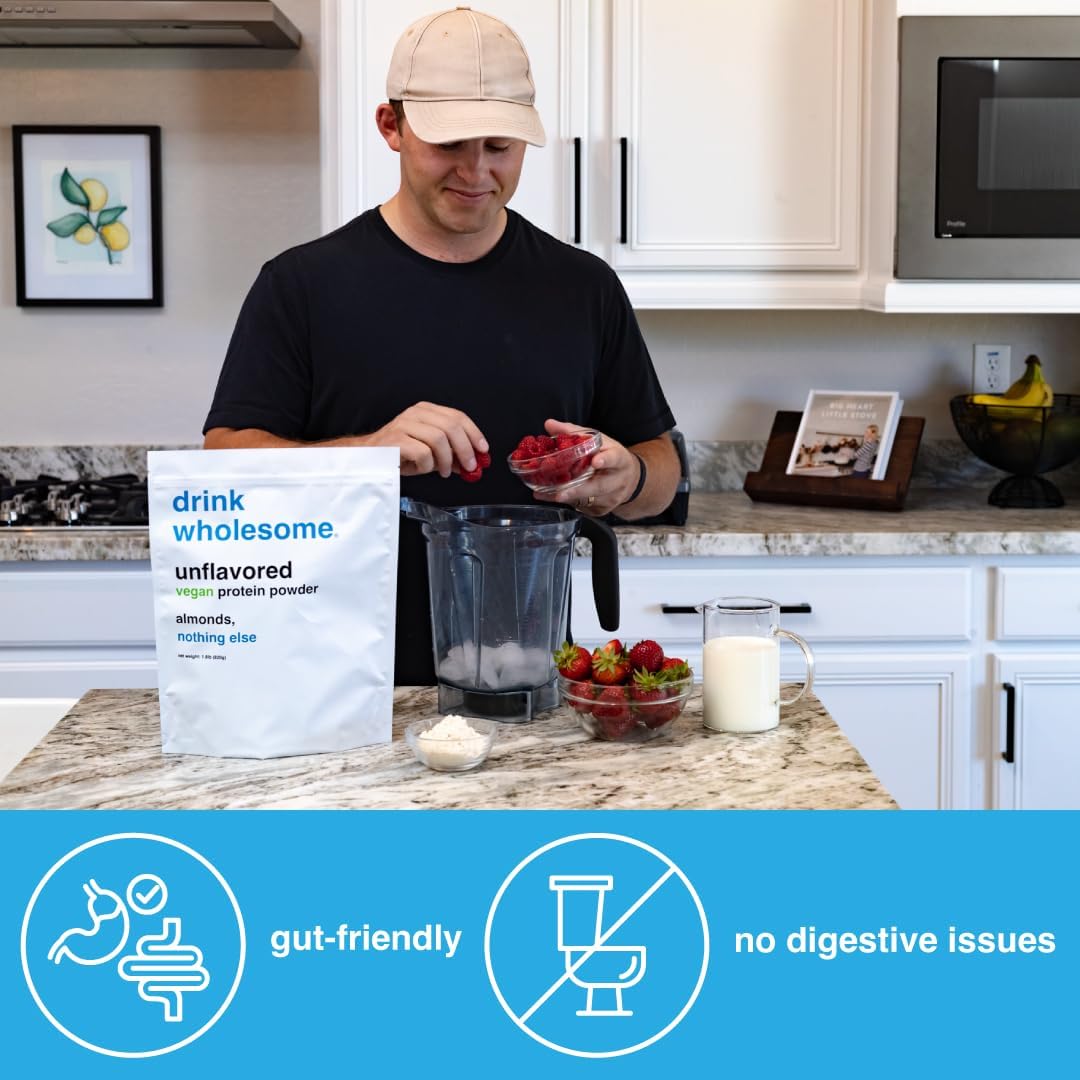 drink wholesome Vegan Unflavored Almond Protein Powder | for Sensitive Stomachs | Additive & Dairy Free | No Artificial Sweeteners | No Bloating, Farts or Gas | No Constipation or Diarrhea