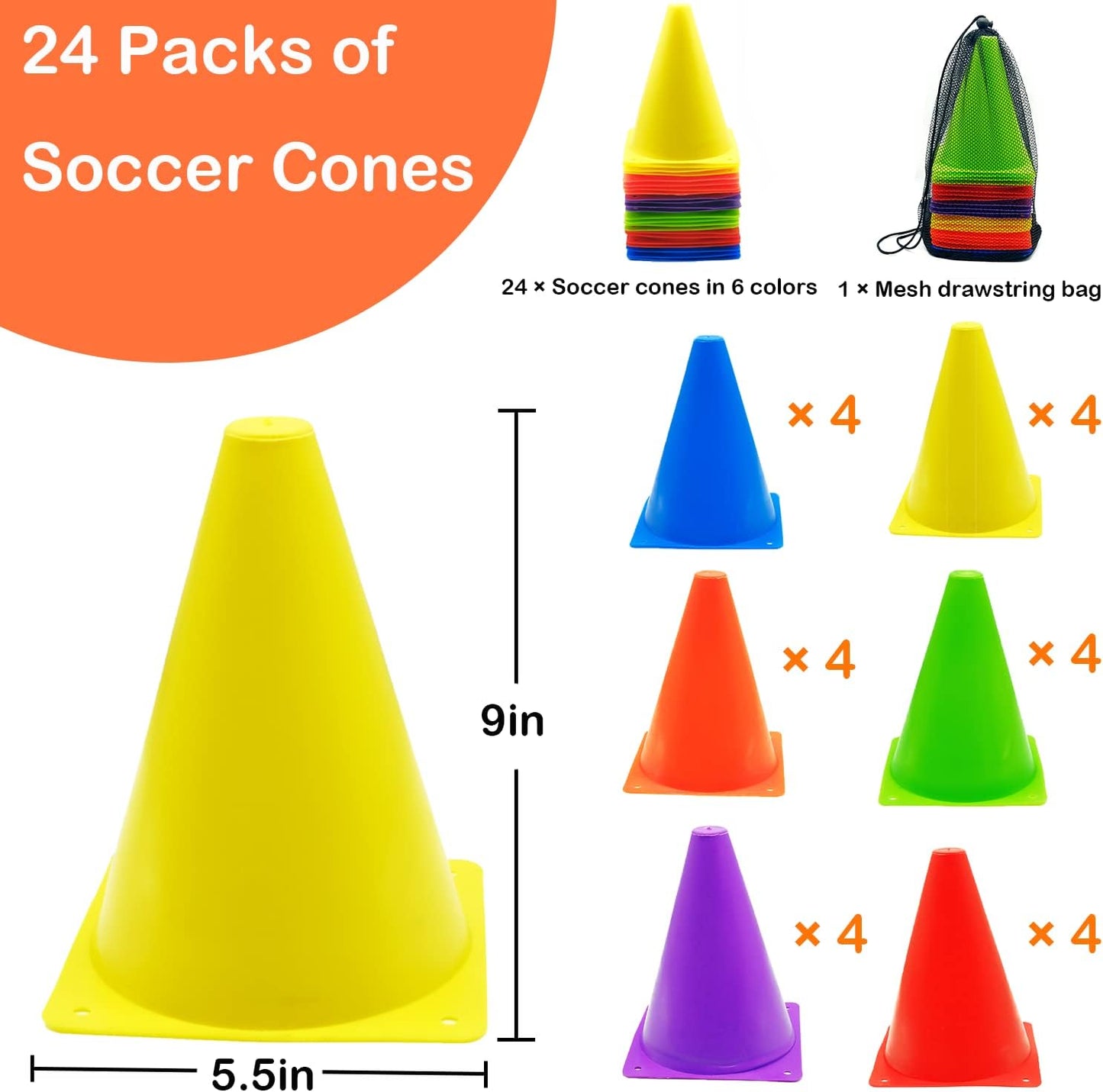 12/24/48Pcs Soccer Cones,7" or 9" Soccer Cones for Training, Multicolor Cones Sports Soccer Training Cones, Field Cones for Skating Basketball Football Drills Practice