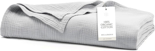 BOLL & BRANCH Dream Bed Blanket - King/Cal King, Sky - Luxury 100% Organic Cotton - Soft, Lightweight and Breathable - Cloud-Like Touch