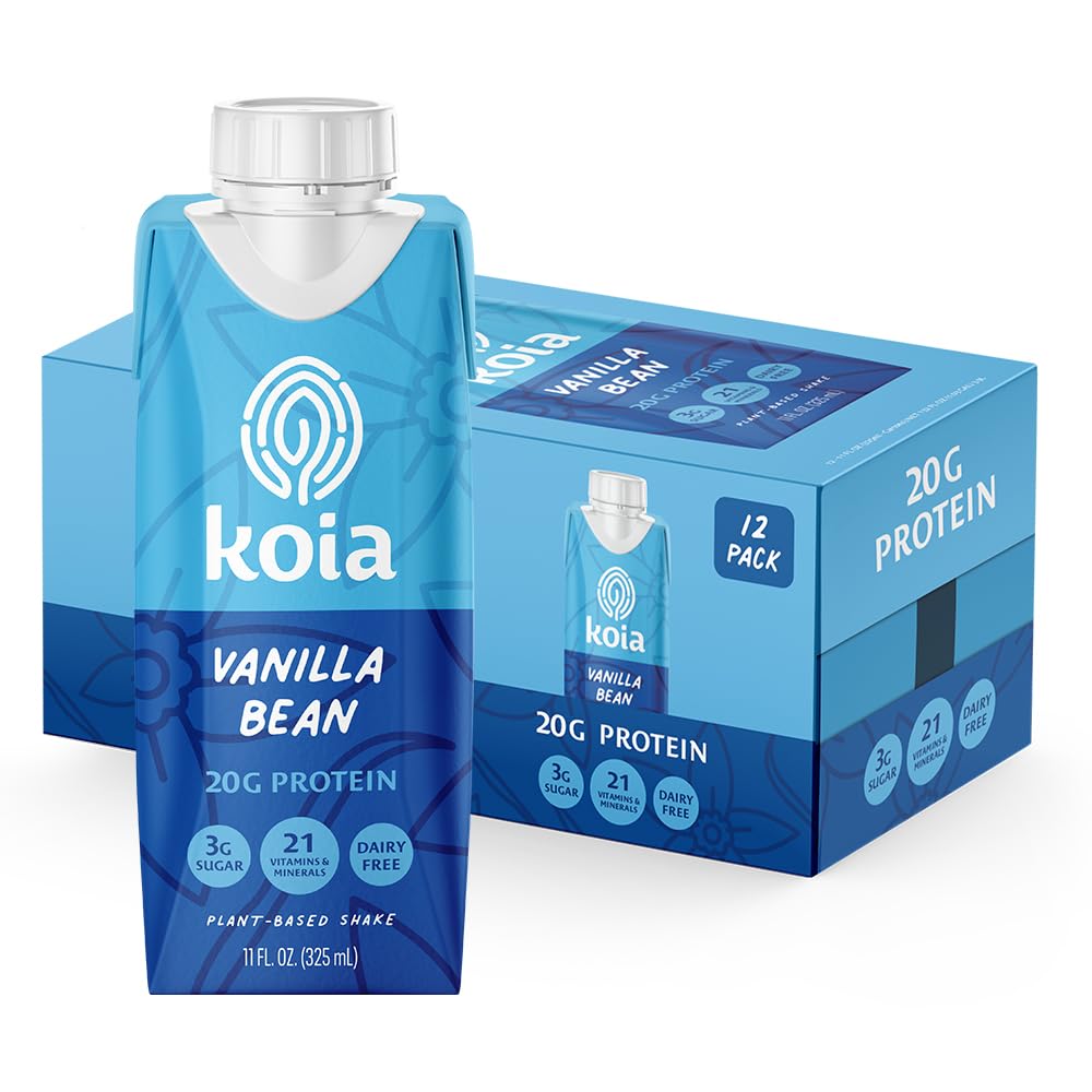 Koia Plant Based Protein Shake, Vanilla Bean, 20g Protein, 3g Sugar, 6g Prebiotic Fiber, 21 Vitamins & Minerals, Meal Replacement Drinks, Dairy-Free, Gluten-Free, Non-GMO, 11 Fl Oz (Pack of 12)